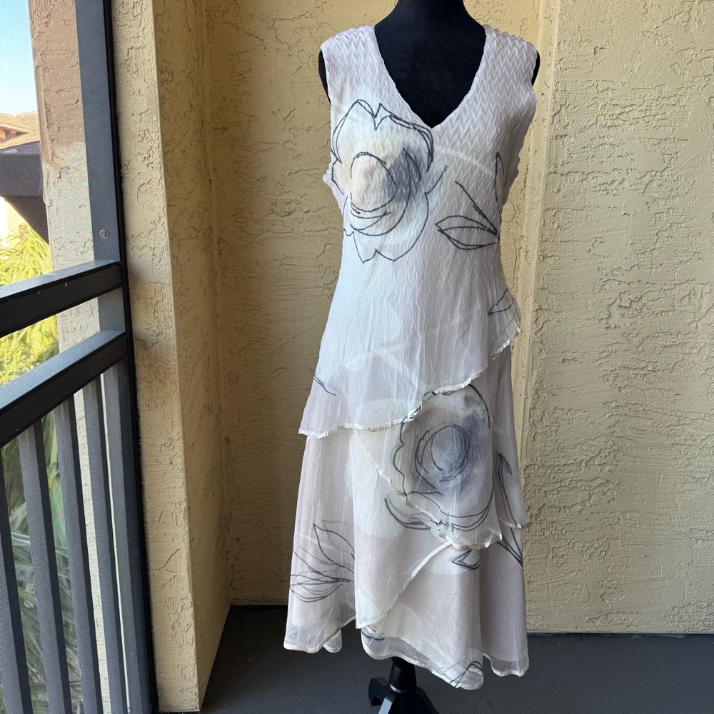 KOMAROV Crinkle Chiffon Midi Dress Sz XL Floral Layered V-neck Sleeveless